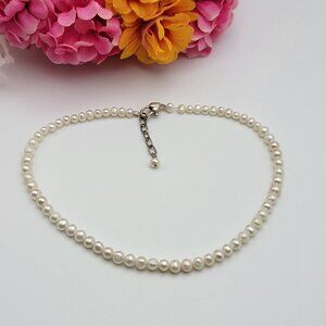 Vintage Sterling Silver White Pearl Beaded Necklace 14 Inch Adj.
